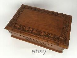 Old Vintage Wooden Handcrafted Hand Engraved Mirror Fitted Jewellery Box Puzzle