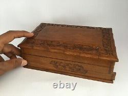 Old Vintage Wooden Handcrafted Hand Engraved Mirror Fitted Jewellery Box Puzzle