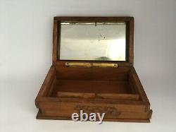 Old Vintage Wooden Handcrafted Hand Engraved Mirror Fitted Jewellery Box Puzzle