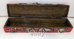 Oriental Pen Box Frog and Lotus Design 10'' -Chinese Calligraphy Vintage Q6