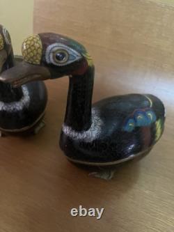PAIR Vintage Asian Cloisonné Goose Duck Large Trinket Boxes