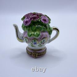 Peint Main Limoges France Chamart Flowers Teapot Trinket Box Vintage Antique