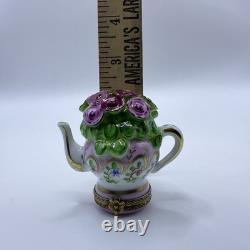 Peint Main Limoges France Chamart Flowers Teapot Trinket Box Vintage Antique