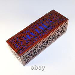 Rare Vintage French Reticulated Wood Box Blue Tufted Lining