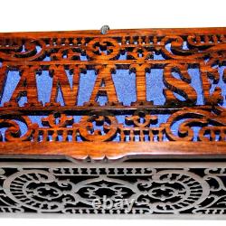 Rare Vintage French Reticulated Wood Box Blue Tufted Lining