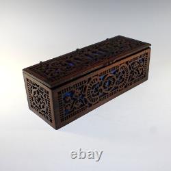 Rare Vintage French Reticulated Wood Box Blue Tufted Lining