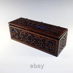 Rare Vintage French Reticulated Wood Box Blue Tufted Lining