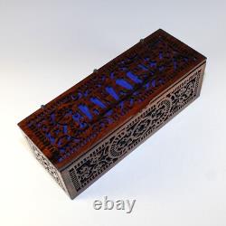 Rare Vintage French Reticulated Wood Box Blue Tufted Lining