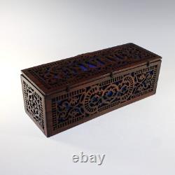 Rare Vintage French Reticulated Wood Box Blue Tufted Lining
