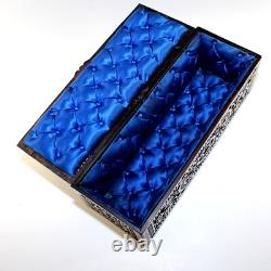 Rare Vintage French Reticulated Wood Box Blue Tufted Lining