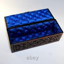 Rare Vintage French Reticulated Wood Box Blue Tufted Lining