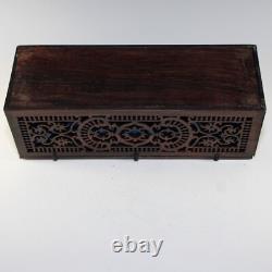 Rare Vintage French Reticulated Wood Box Blue Tufted Lining