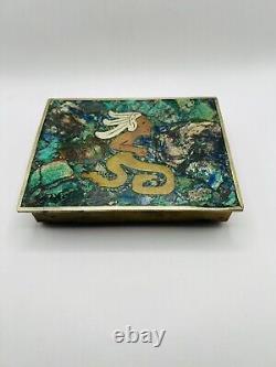 Rare Vintage Tribal Mexican Inlaid Trinket Box Copper Brass Silver Mosaic Stone