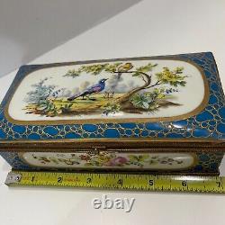 Sevres Blue Handpainted Porcelain and Gilt Bronze Jewelry Trinket Box vintage