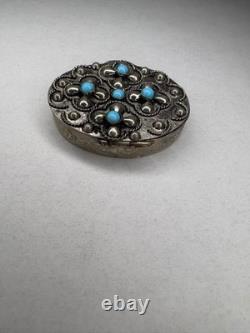Silver Oval Trinket Box Floral Decoration Vintage Turquoise C