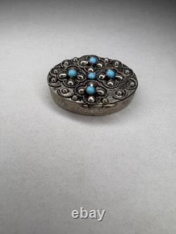 Silver Oval Trinket Box Floral Decoration Vintage Turquoise C