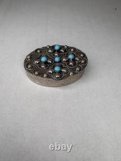 Silver Oval Trinket Box Floral Decoration Vintage Turquoise C