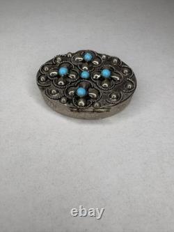 Silver Oval Trinket Box Floral Decoration Vintage Turquoise C