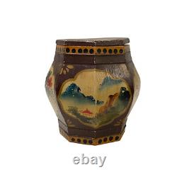 Small Chinese Vintage Wood Octagon Brown Scenery Box Display ws3233