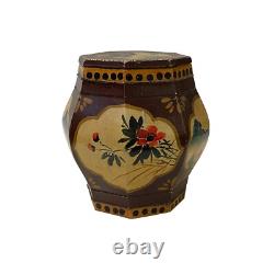 Small Chinese Vintage Wood Octagon Brown Scenery Box Display ws3233