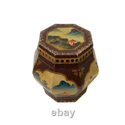 Small Chinese Vintage Wood Octagon Brown Scenery Box Display ws3233