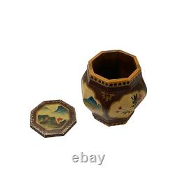 Small Chinese Vintage Wood Octagon Brown Scenery Box Display ws3233