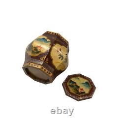 Small Chinese Vintage Wood Octagon Brown Scenery Box Display ws3233