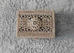 Sparkling Rhinestone Decorated Vintage Wood Box Hinged Jewelry Trinkets