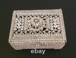 Sparkling Rhinestone Decorated Vintage Wood Box Hinged Jewelry Trinkets
