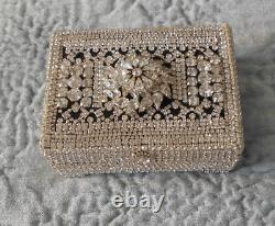 Sparkling Rhinestone Decorated Vintage Wood Box Hinged Jewelry Trinkets