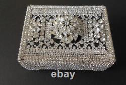 Sparkling Rhinestone Decorated Vintage Wood Box Hinged Jewelry Trinkets