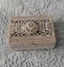 Sparkling Rhinestone Decorated Vintage Wood Box Hinged Jewelry Trinkets