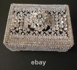 Sparkling Rhinestone Decorated Vintage Wood Box Hinged Jewelry Trinkets