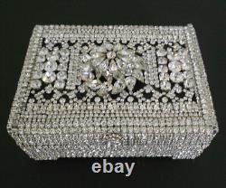 Sparkling Rhinestone Decorated Vintage Wood Box Hinged Jewelry Trinkets