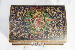 Striking Hand Painted Domed Antique Wood Casket Box Key Madonna and Child