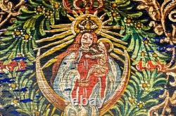 Striking Hand Painted Domed Antique Wood Casket Box Key Madonna and Child