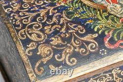 Striking Hand Painted Domed Antique Wood Casket Box Key Madonna and Child