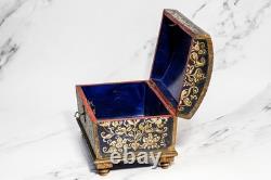 Striking Hand Painted Domed Antique Wood Casket Box Key Madonna and Child