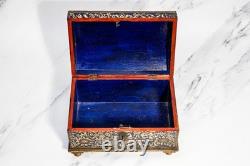 Striking Hand Painted Domed Antique Wood Casket Box Key Madonna and Child