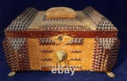 Superb Antique Tramp Art chip carved sewing Box Hand Carved Folk Art 1890's