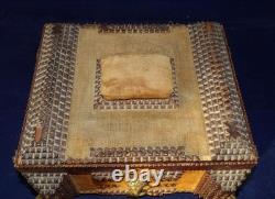 Superb Antique Tramp Art chip carved sewing Box Hand Carved Folk Art 1890's