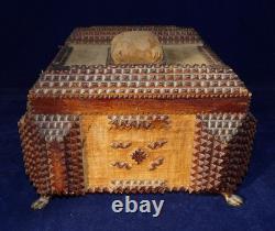 Superb Antique Tramp Art chip carved sewing Box Hand Carved Folk Art 1890's