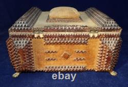 Superb Antique Tramp Art chip carved sewing Box Hand Carved Folk Art 1890's