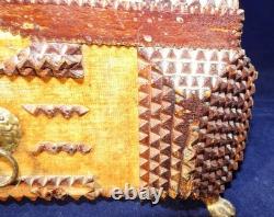 Superb Antique Tramp Art chip carved sewing Box Hand Carved Folk Art 1890's