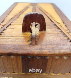 Tramp Art Wood Inlay Box Folk Marquetry Velvet Lined Hinged READ ANTIQUE