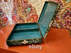 Turquoise & White Floral Vintage Cloisonné Rectangular Hinged Box