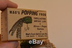 Ultra rare old wooden mac's popping frog lure in picture box published 1940's