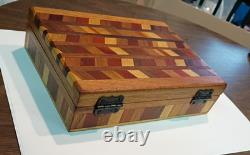 Unique Vintage Wood Jewelry Box With Decorative Marquetry Herringbone Inlay