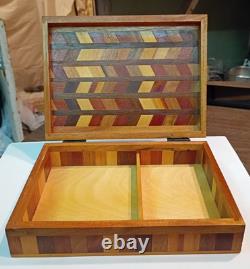 Unique Vintage Wood Jewelry Box With Decorative Marquetry Herringbone Inlay