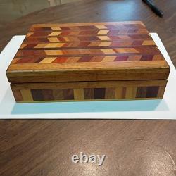 Unique Vintage Wood Jewelry Box With Decorative Marquetry Herringbone Inlay